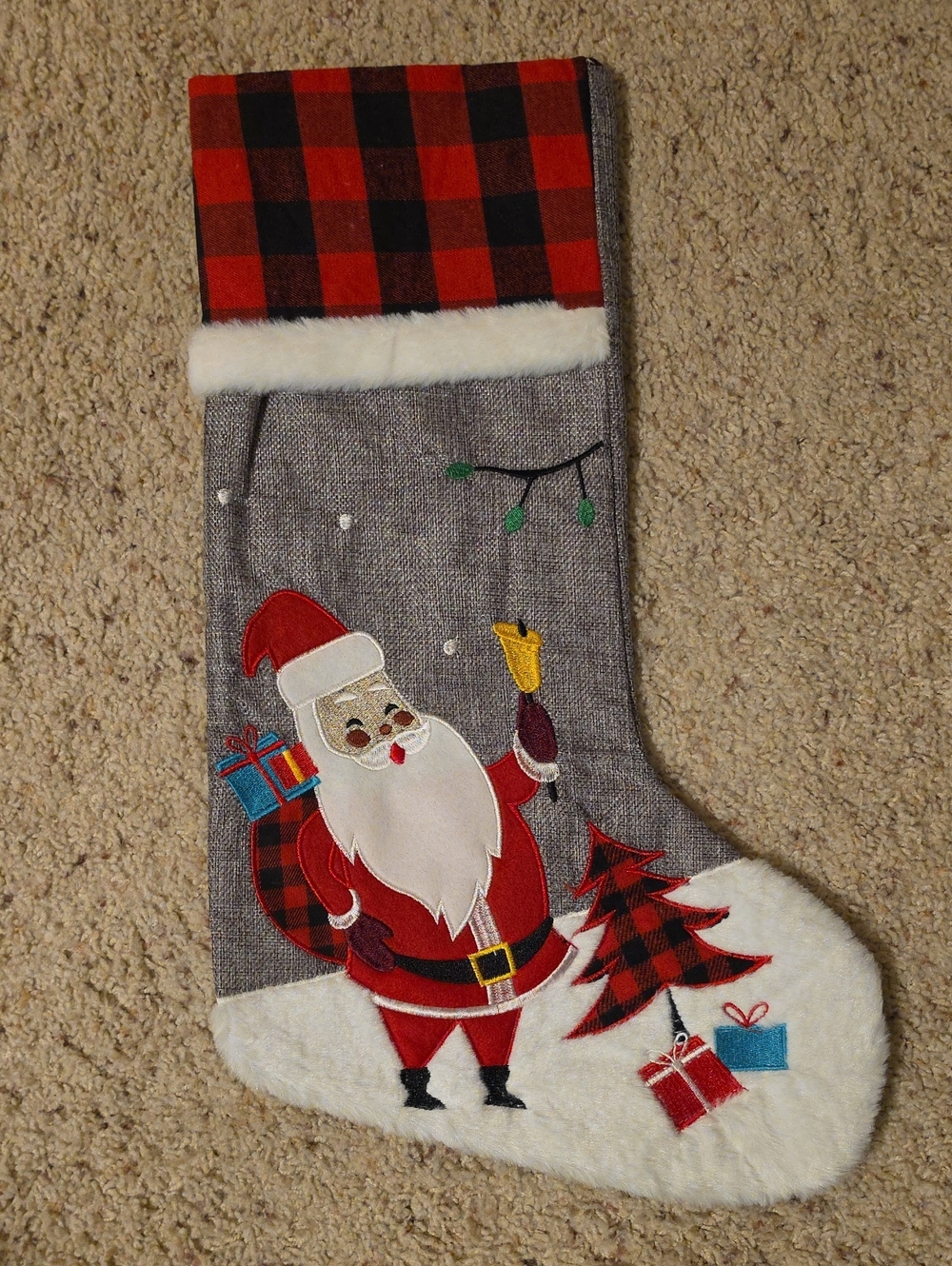 Holiday Santa Plaid Accent Christmas Stocking - Red and Gray